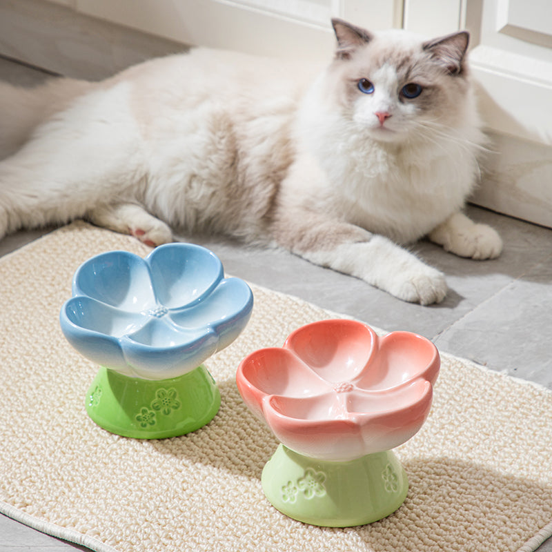 Ceramic Elevated Cat Food Bowl, Flower Shaped Anti Gulping Slow Feed for Cats & Small Dogs, Raised Ceramic Cat Bowls