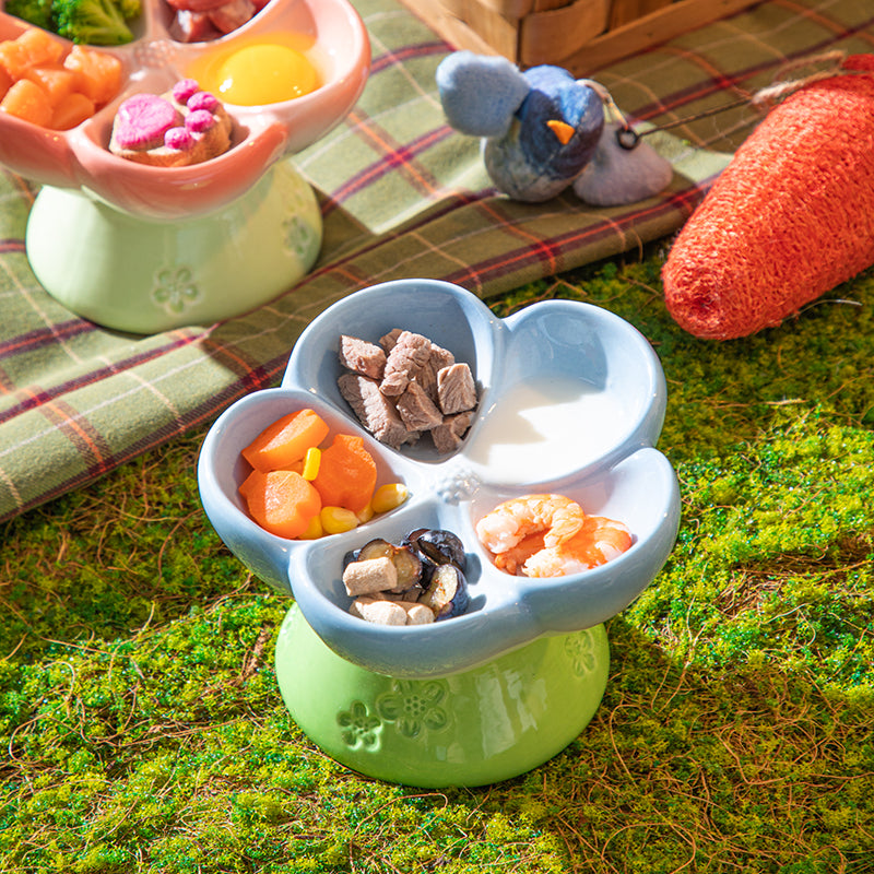 Ceramic Elevated Cat Food Bowl, Flower Shaped Anti Gulping Slow Feed for Cats & Small Dogs, Raised Ceramic Cat Bowls