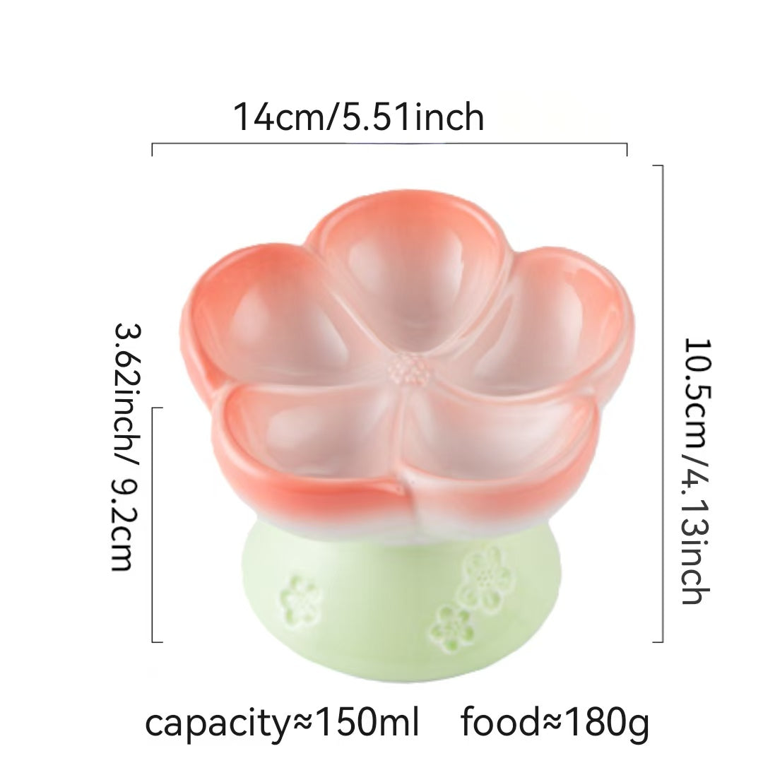 Ceramic Elevated Cat Food Bowl, Flower Shaped Anti Gulping Slow Feed for Cats & Small Dogs, Raised Ceramic Cat Bowls