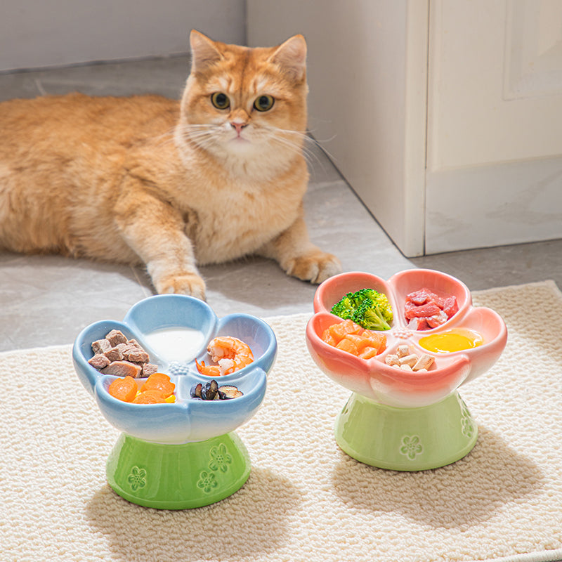 Ceramic Elevated Cat Food Bowl, Flower Shaped Anti Gulping Slow Feed for Cats & Small Dogs, Raised Ceramic Cat Bowls