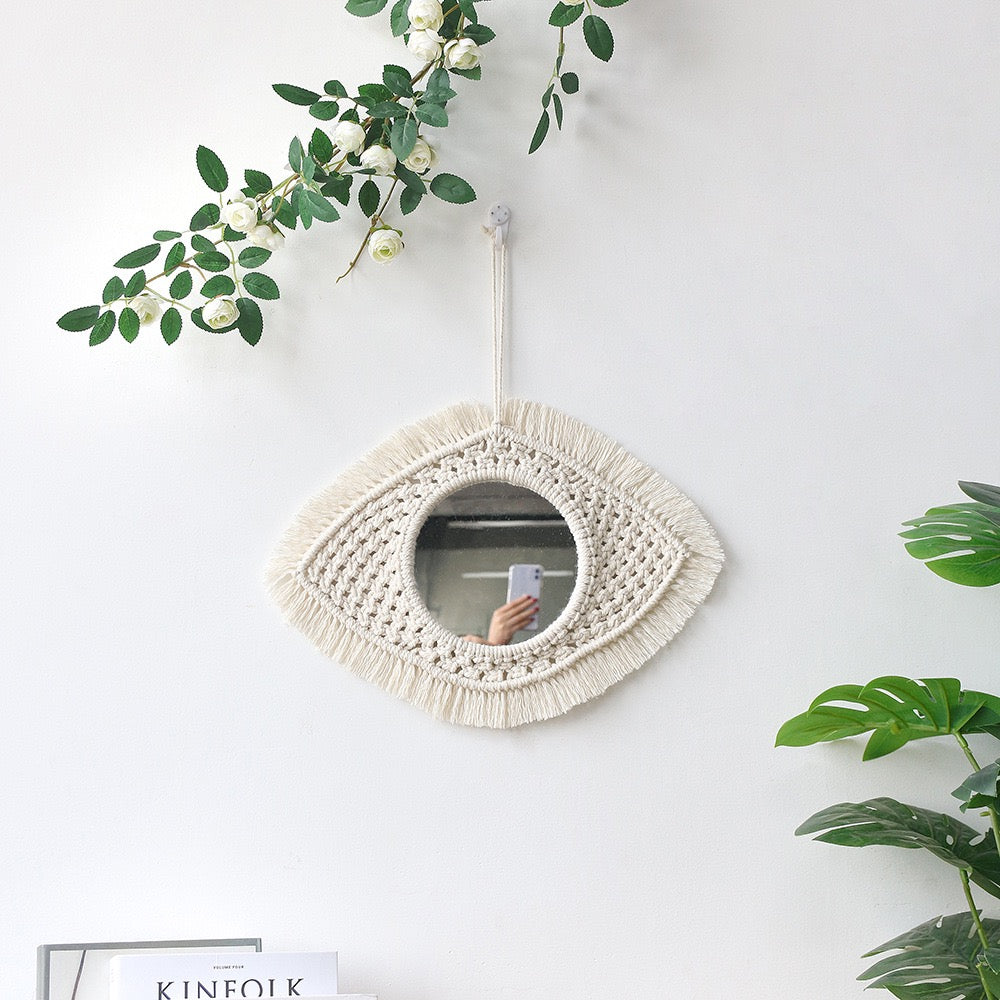 White Boho Handmade Macrame 2 Shelves Wood Rectangular Tiered Shelf (2 Shelves), Boho Home Decor