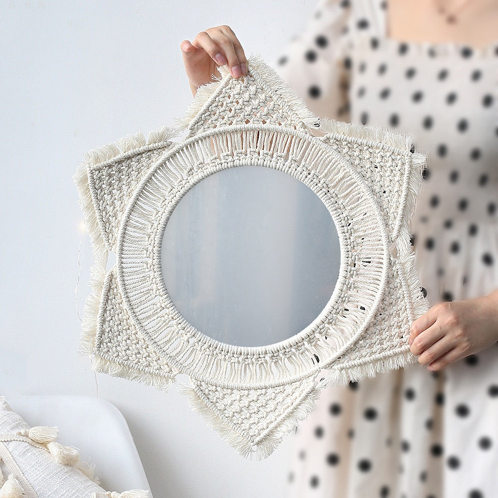 White Boho Handmade Macrame 2 Shelves Wood Rectangular Tiered Shelf (2 Shelves), Boho Home Decor