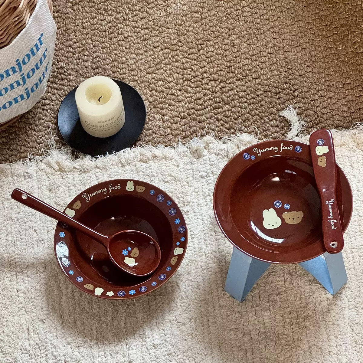 Cute Bunny & Puppy Ceramic Cat Bowl