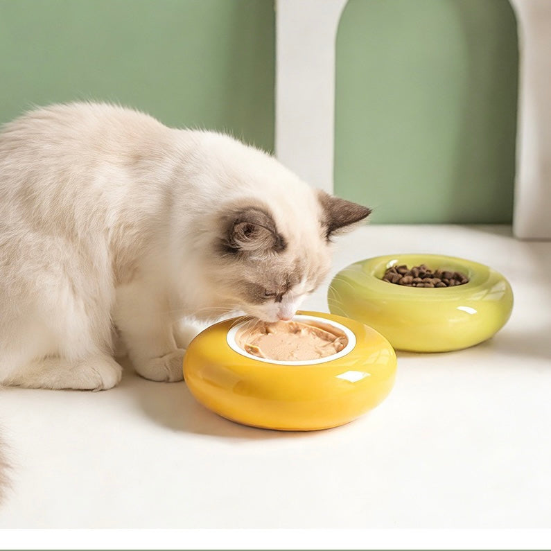 Ceramic Bagel Bowl for Cats, Wide Rim Whisker-Friendly Cat Bowl