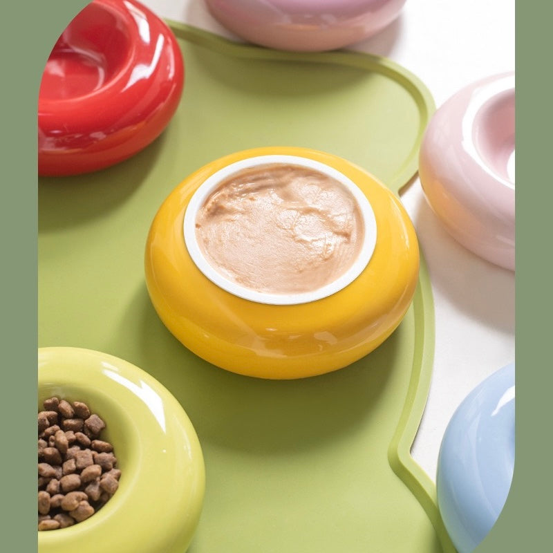 Ceramic Bagel Bowl for Cats, Wide Rim Whisker-Friendly Cat Bowl