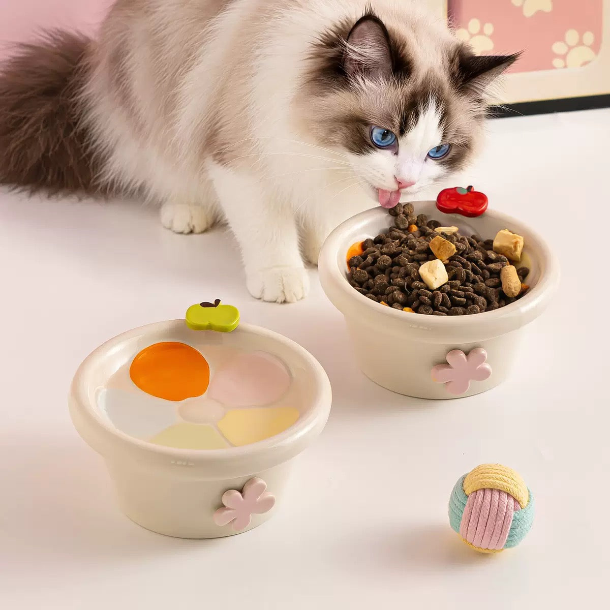 Daisy Petal Elevated Ceramic Cat Bowl – Whisker-Friendly Raised Pet Dish