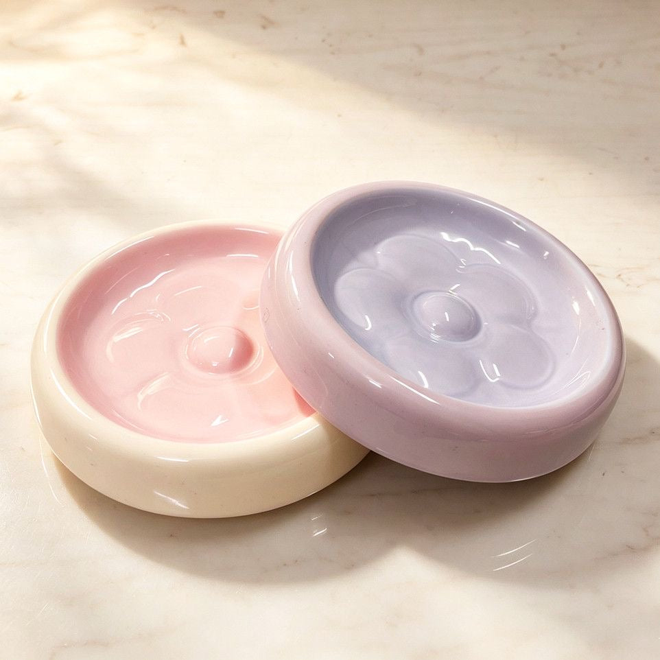 Flower Ceramic Slow Feeder Cat Bowl –Ceramic Pet Dish with Raised Petal Design