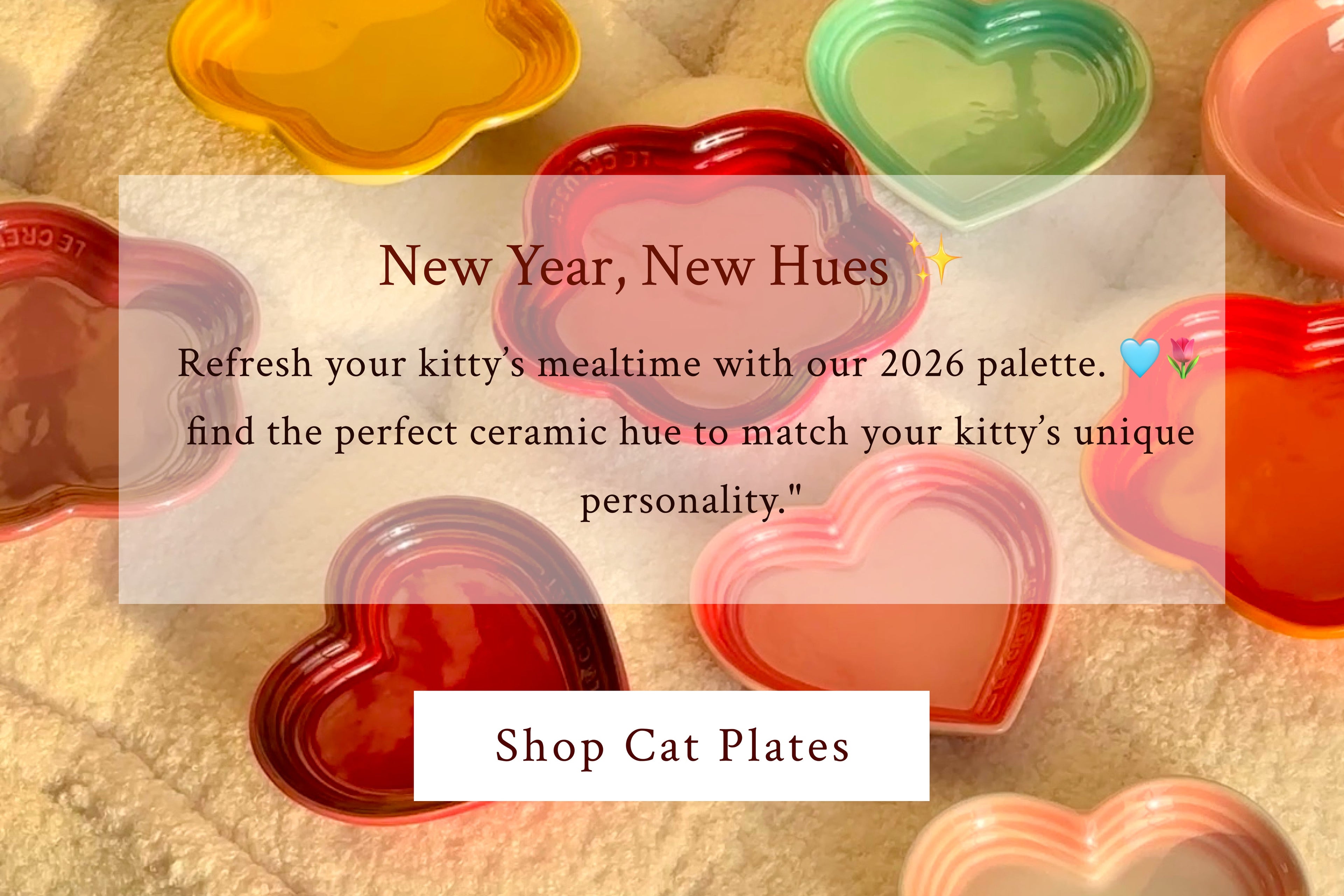 Heart-shaped ceramic cat plates in various colors with promotional text overlay.